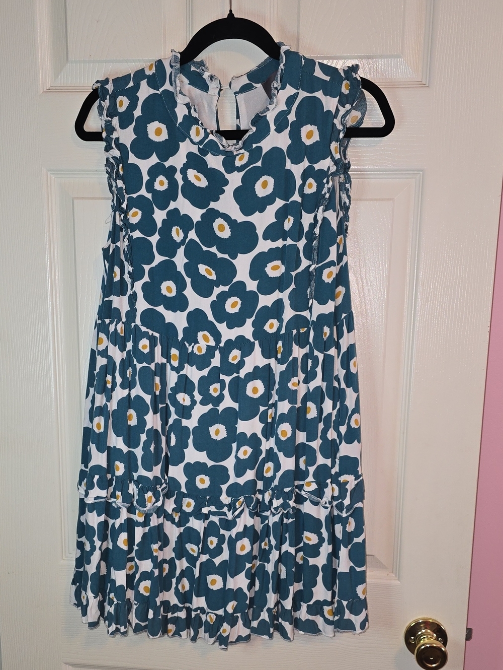 Sleeveless Teal Floral Midi Dress with Ruffle Trim